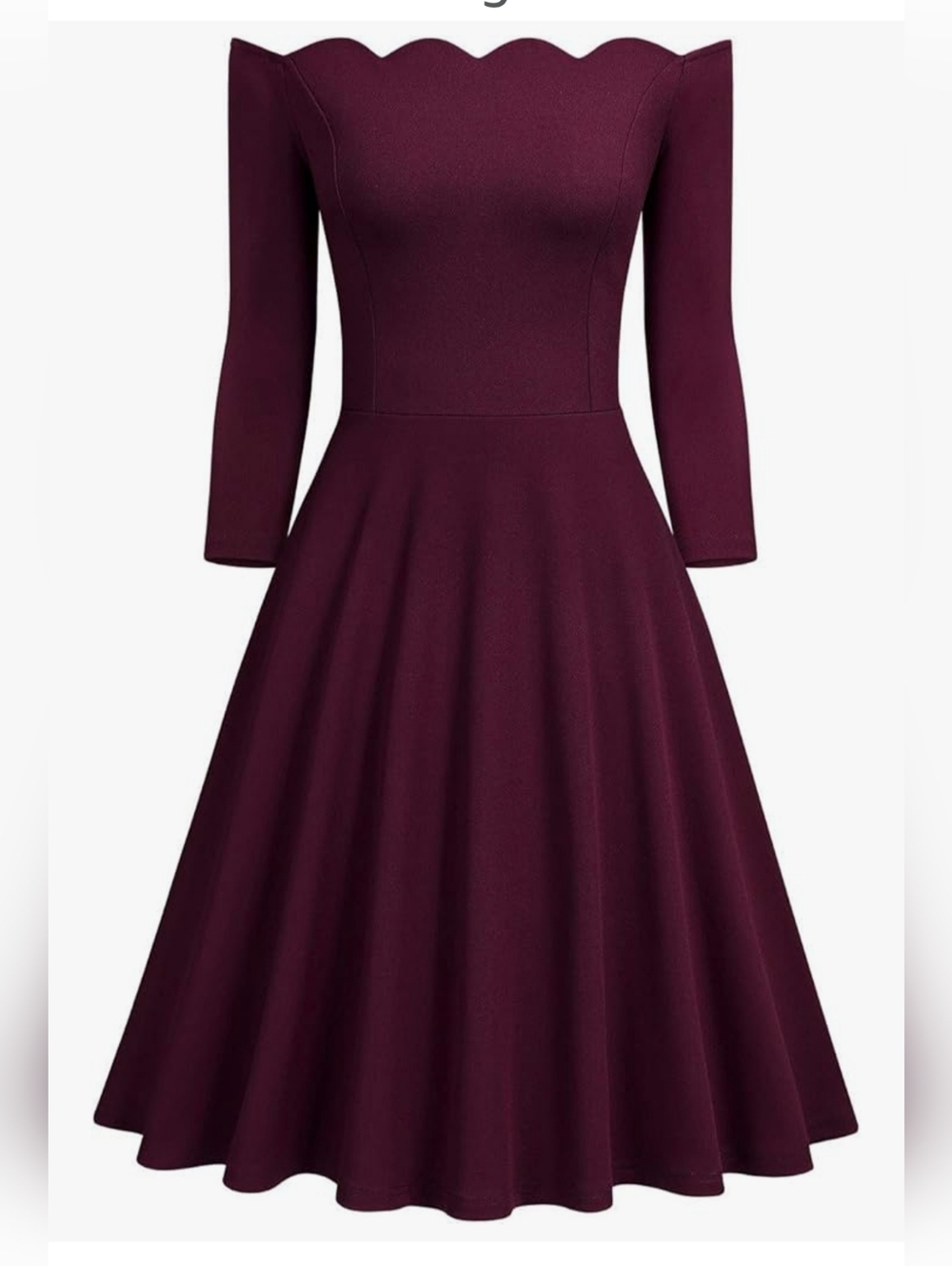 Vintage Looking, Elegant Scallop Off-Shoulder Fit & Flare Dress in Burgundy